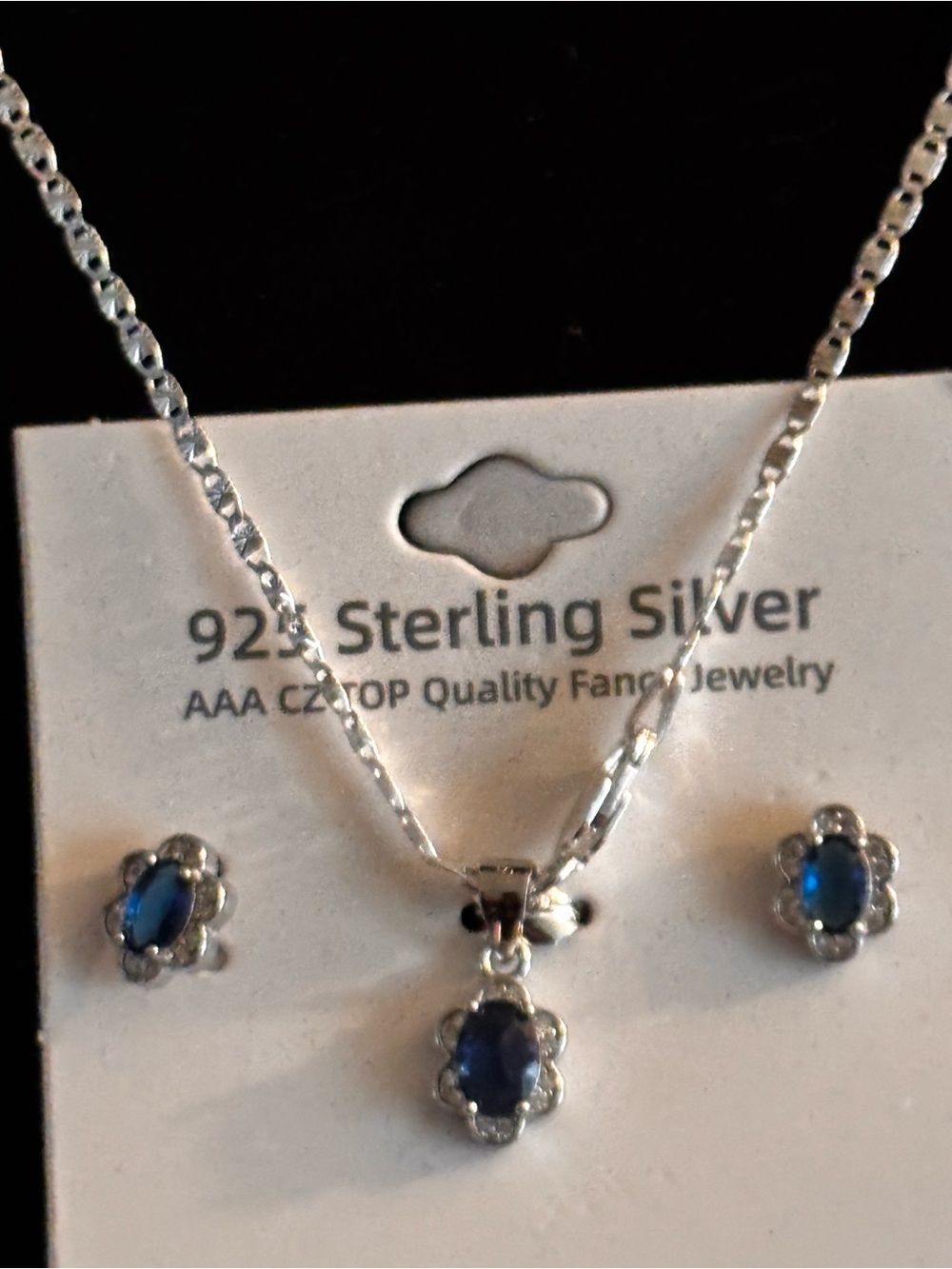 Sterling Silver Blue Oval CZ Necklace and Earring Set